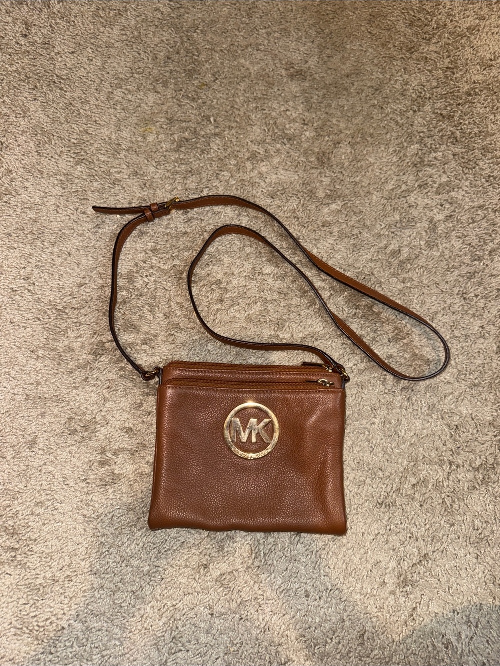 Michael Kors Chestnut Brown Leather Crossbody with Gold MK Emblem